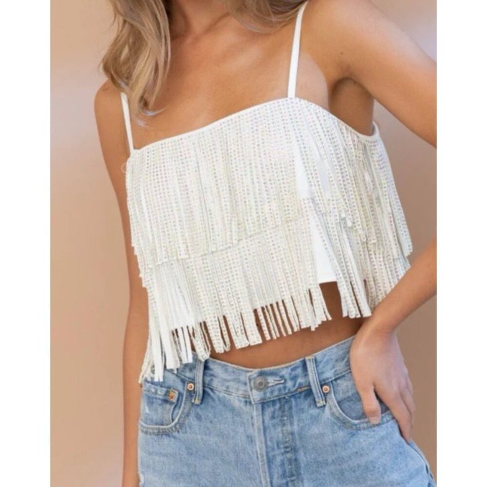 Main Strip White Fringe Crop Top